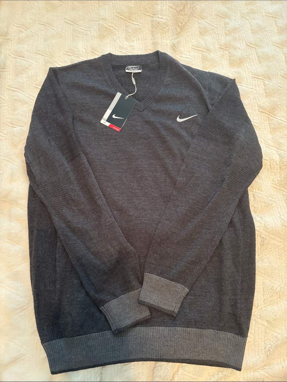 Nike Men's Dark Gray V-Neck Sweater with Swoosh - NEVER WORN
